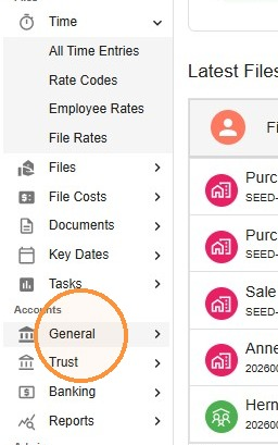 Law App sidebar with the General section highlighted under Accounts