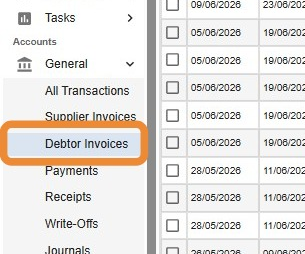 Accounts menu with Debtor Invoices selected