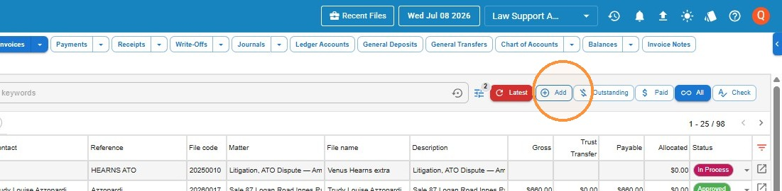 Debtor Invoices list with the Add button highlighted