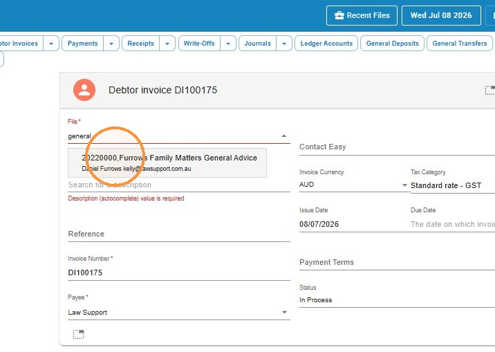 New debtor invoice with the general advices file selected in the File field