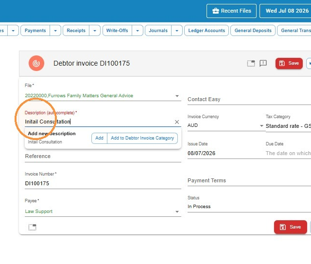 Debtor invoice with Initial Consultation entered in the Description field