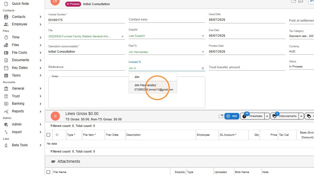 Debtor invoice with the billing contact being selected in the Invoiced To field