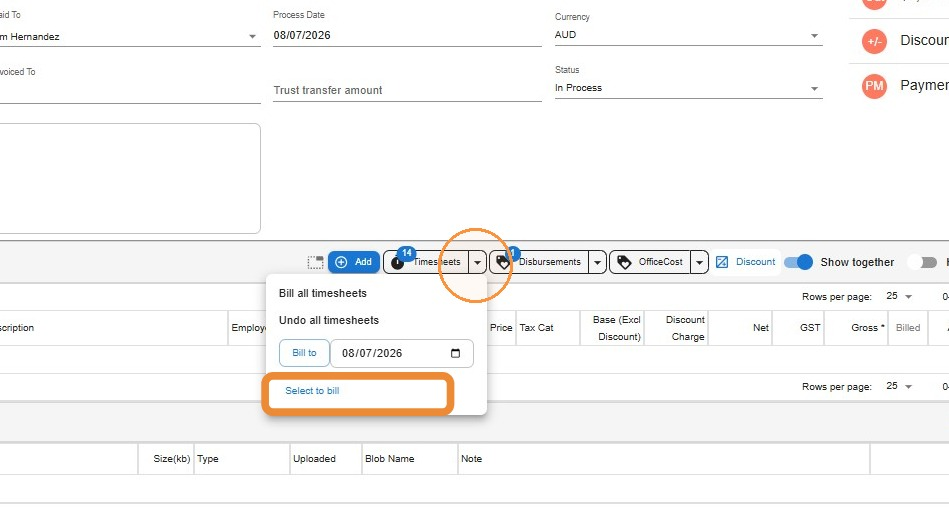Invoice Timesheets dropdown open with Select to Bill highlighted