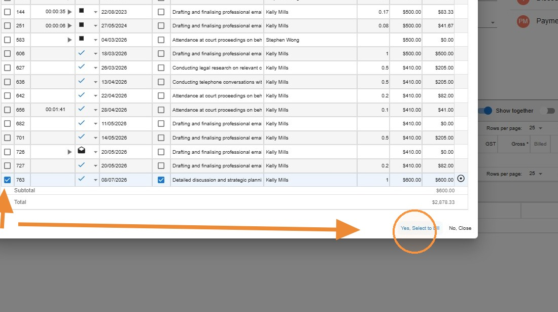 Timesheet selection list with the initial consult entry ticked and Yes, Select to Bill highlighted