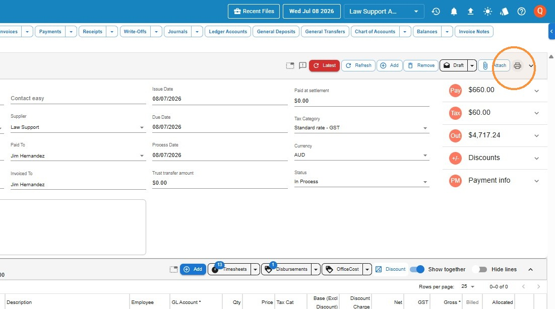 Debtor invoice toolbar with the print icon highlighted