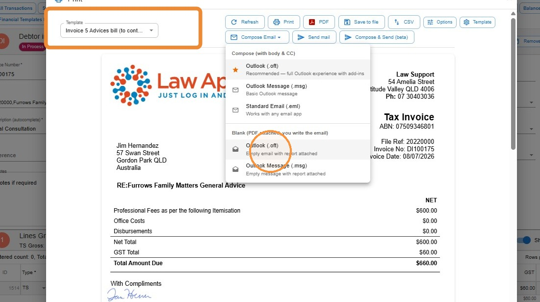 Invoice document generator with the Invoice 5 Advices template selected and the Empty email with report attached option in the Compose Email menu