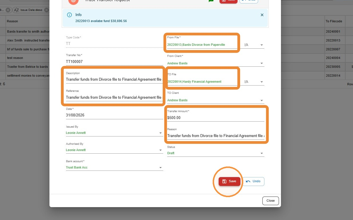 New trust transfer form showing from file, to file, amount, description, reference and reason fields