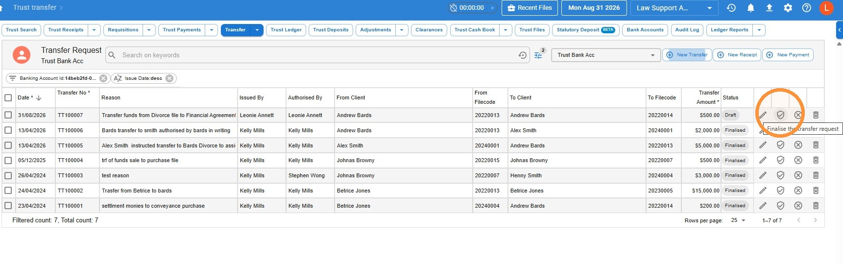 Trust transfers list with the finalise transfer request icon on a draft transfer