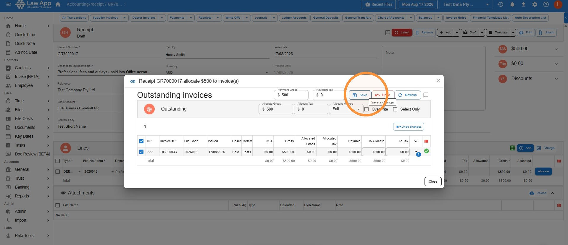 Law App allocate dialog showing the general receipt allocated to the disbursement bill