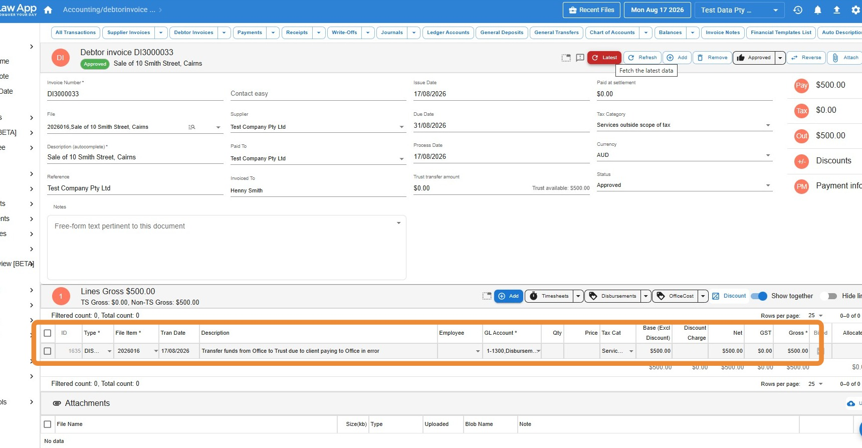 Law App debtor invoice screen showing a bill created for the disbursement line only