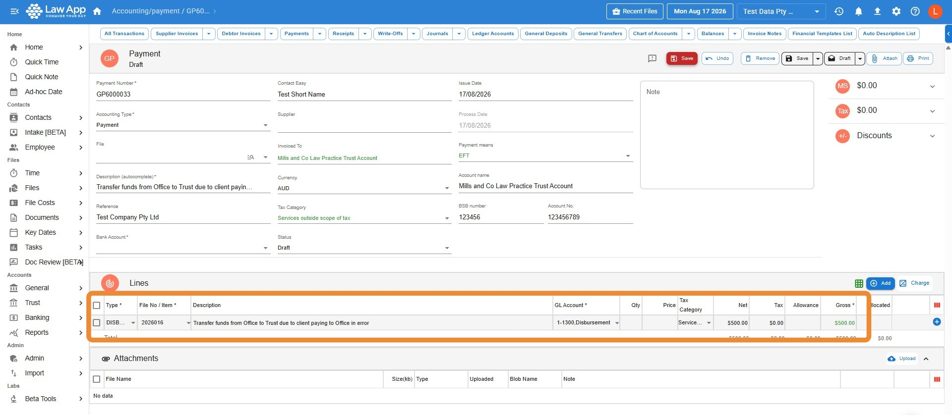Law App general payment screen showing a disbursement payment out of the file, directed to trust
