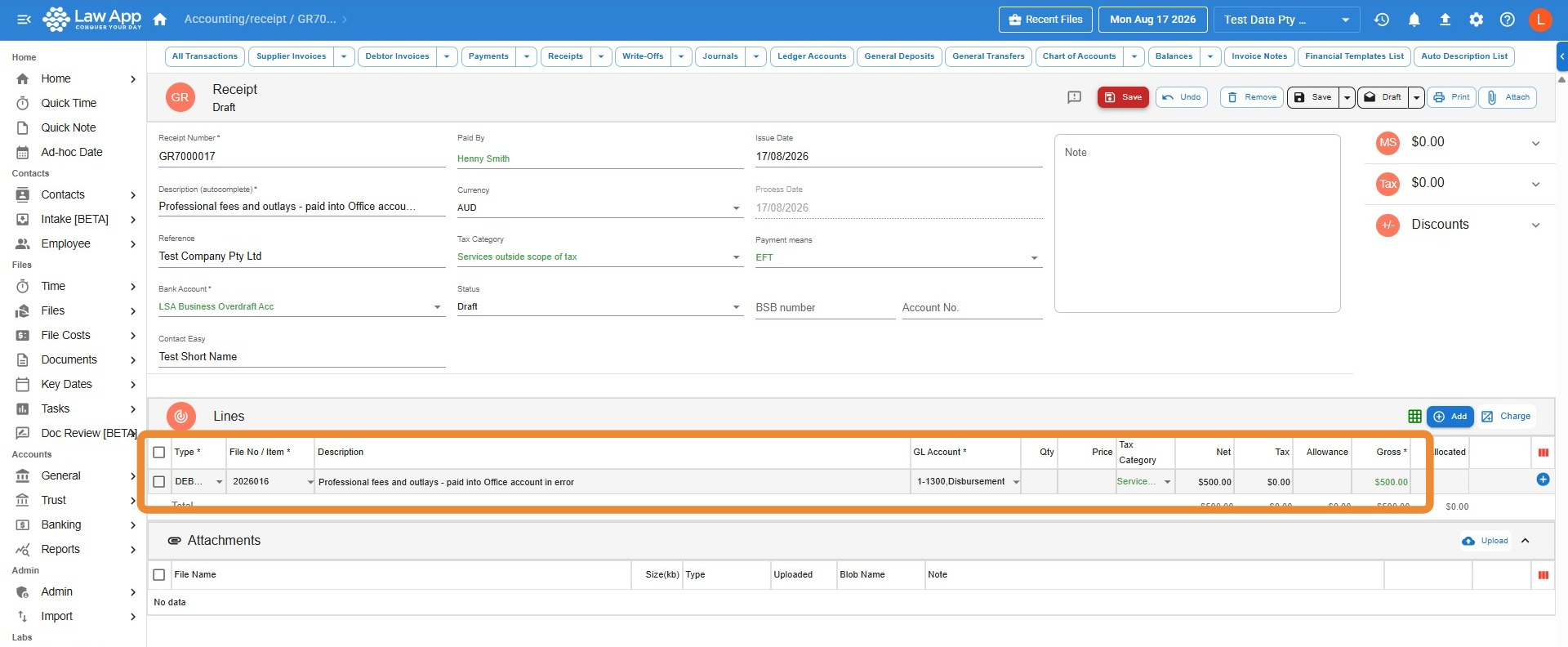 Law App general receipt screen showing funds receipted against the file to a Disbursement GL account