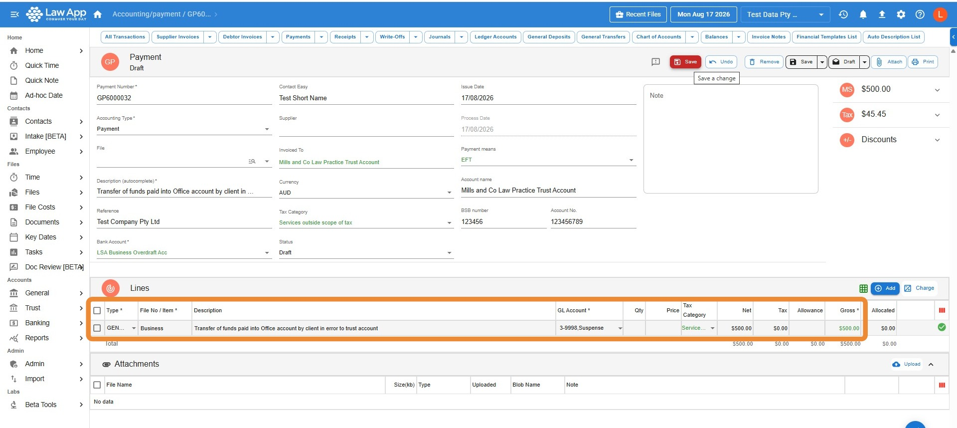 Law App general payment screen paying funds out of the suspense account, directed to the trust account
