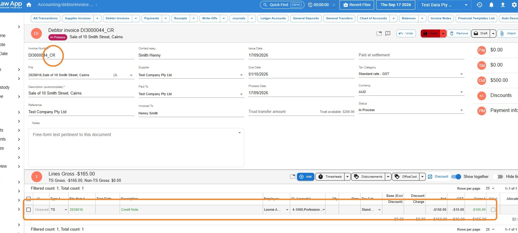 Credit note debtor invoice in Law App with the invoice number's _CR suffix and the negative credit line circled