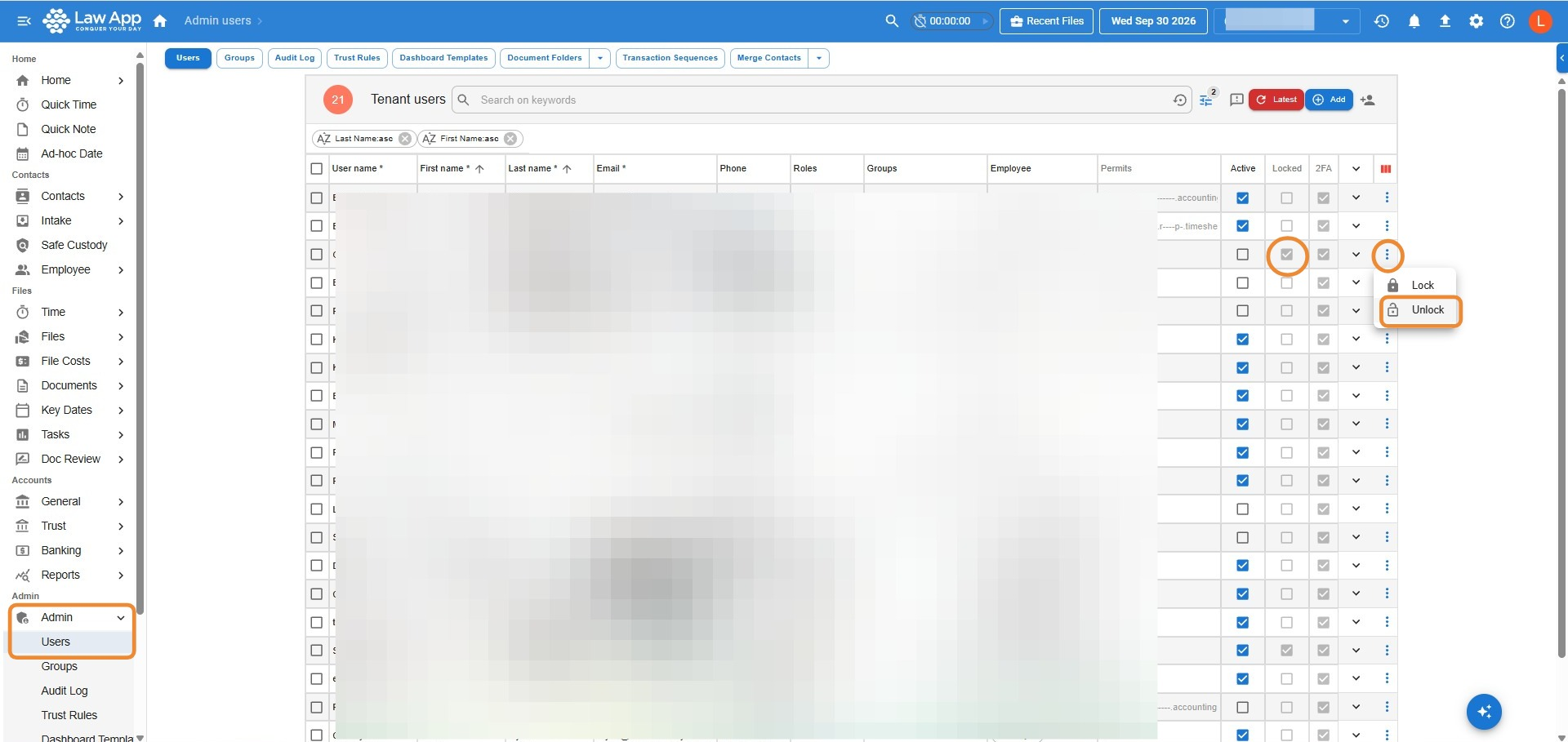 Tenant users list in Law App Admin with Admin and Users highlighted in the left menu, a tick circled in the Locked column, and the three-dot menu open with Unlock highlighted