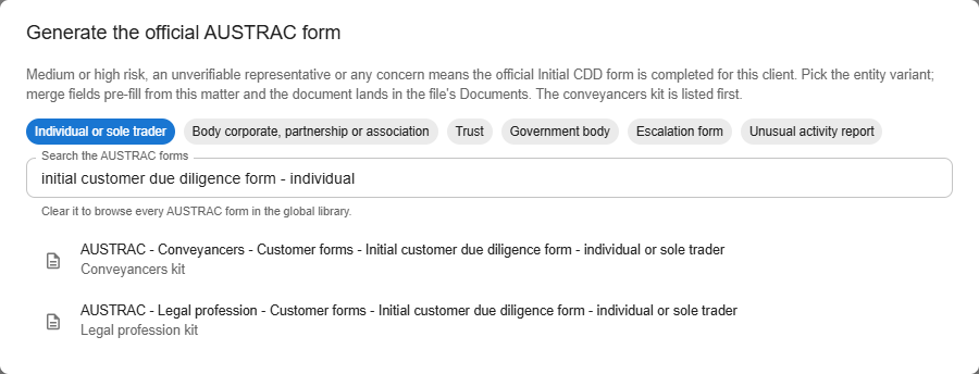 Generate official AUSTRAC form dialog listing the starter-kit forms with chips for each client type variant