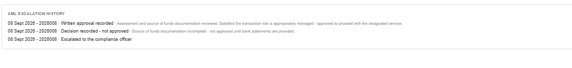 AML escalation history panel on a contact, listing every escalation across their matters