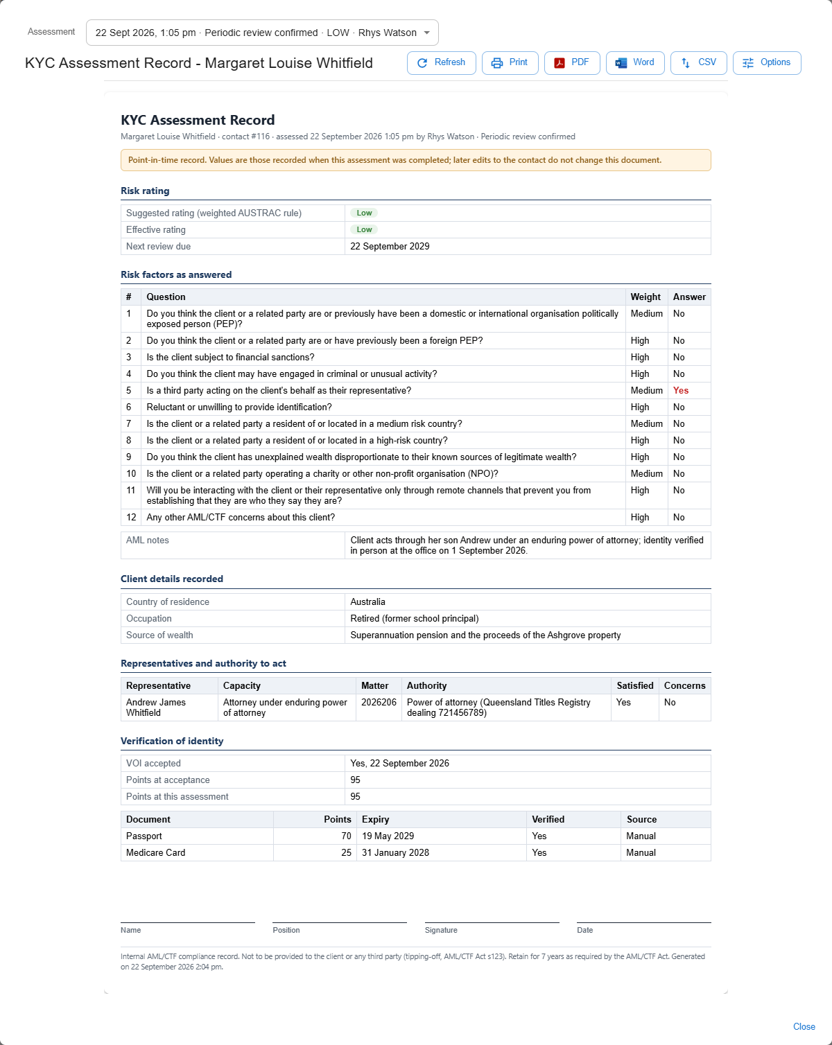 Printable KYC Assessment Record showing the client's risk answers, rating, people register, VOI position and a signature block