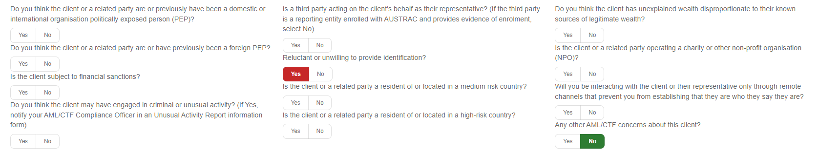 Individual KYC question set on a contact's Identity and AML tab