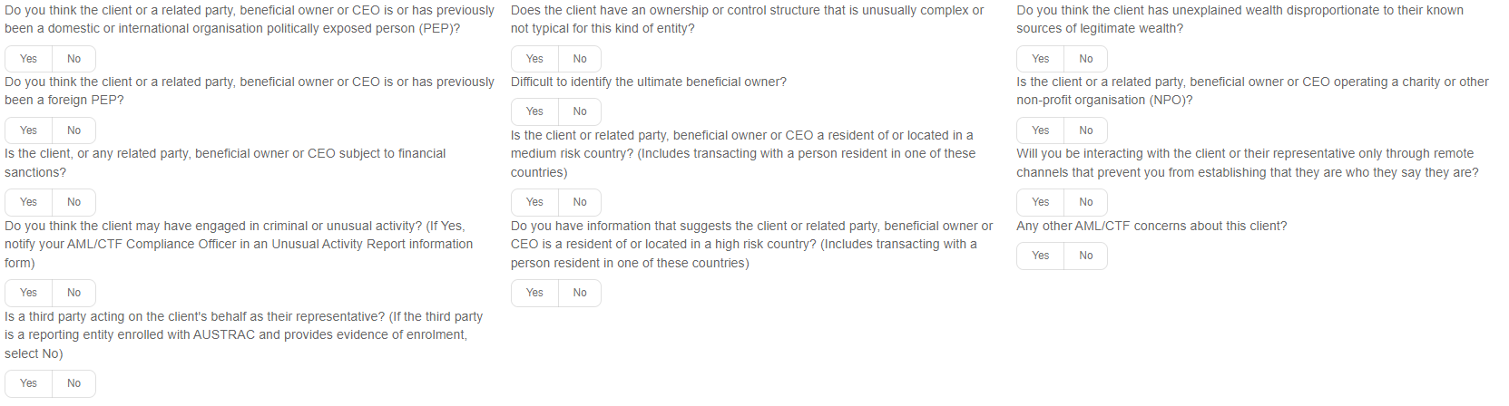 Organisation KYC question set on a contact's Identity and AML tab, including beneficial owner and CEO PEP questions