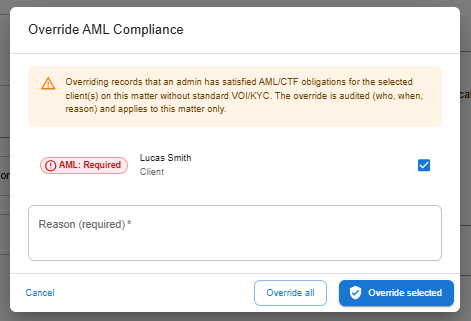 Override AML Compliance dialog, pre-selecting the non-compliant clients on the matter