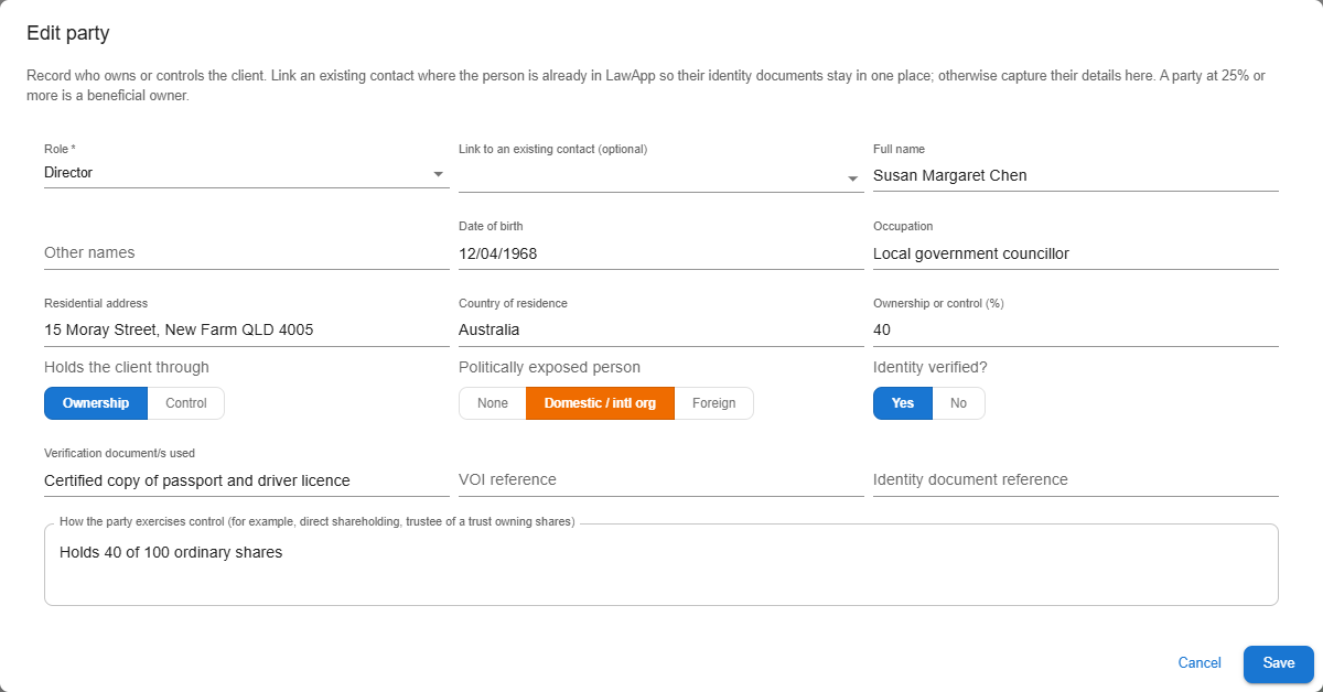 Edit party dialog showing name, date of birth, address, occupation, ownership percentage, control, PEP status and verified fields