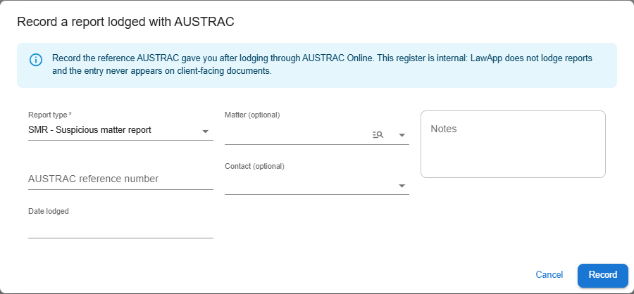 Record a report lodged with AUSTRAC dialog