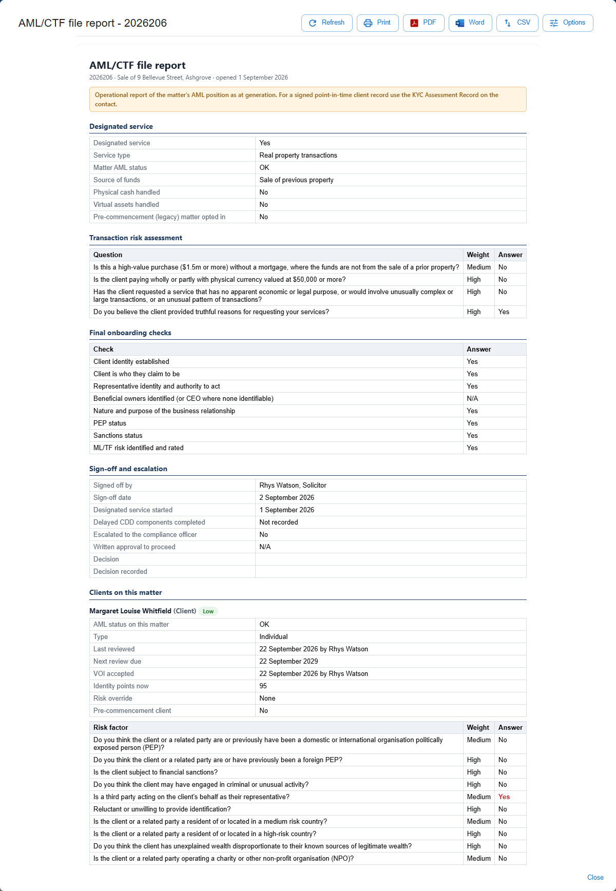 AML report for a matter showing the designated service, matter facts, risk answers, sign-off and each client's rating and VOI position