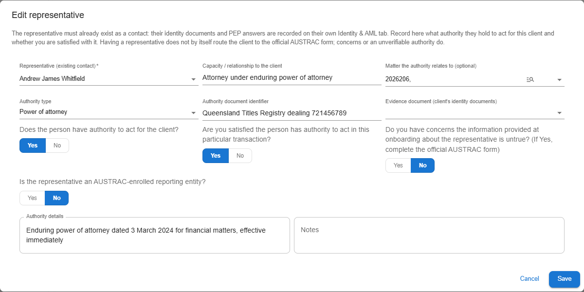 Edit representative dialog showing capacity, AUSTRAC enrolment, type of authority, unique identifier and the satisfied-authority tick box