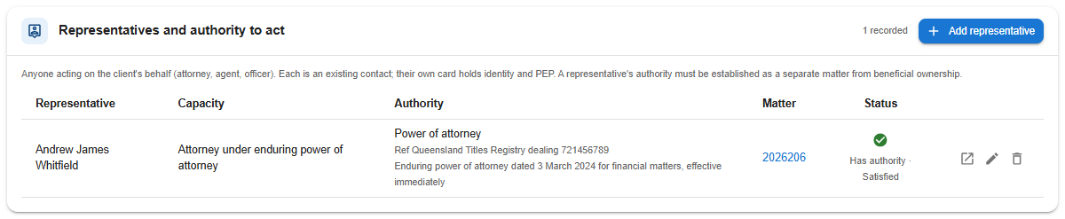 Representatives and authority to act register on an individual client's Identity and AML tab