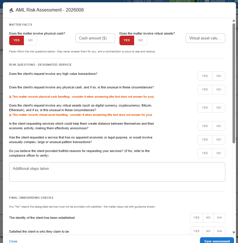AML Risk Assessment dialog showing a fact prompt appearing beside a risk question once a matter fact has been recorded