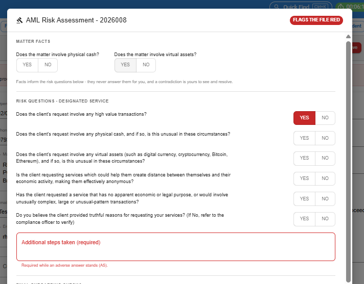 AML Risk Assessment dialog with the FLAGS THE FILE RED chip and the mandatory additional-steps box