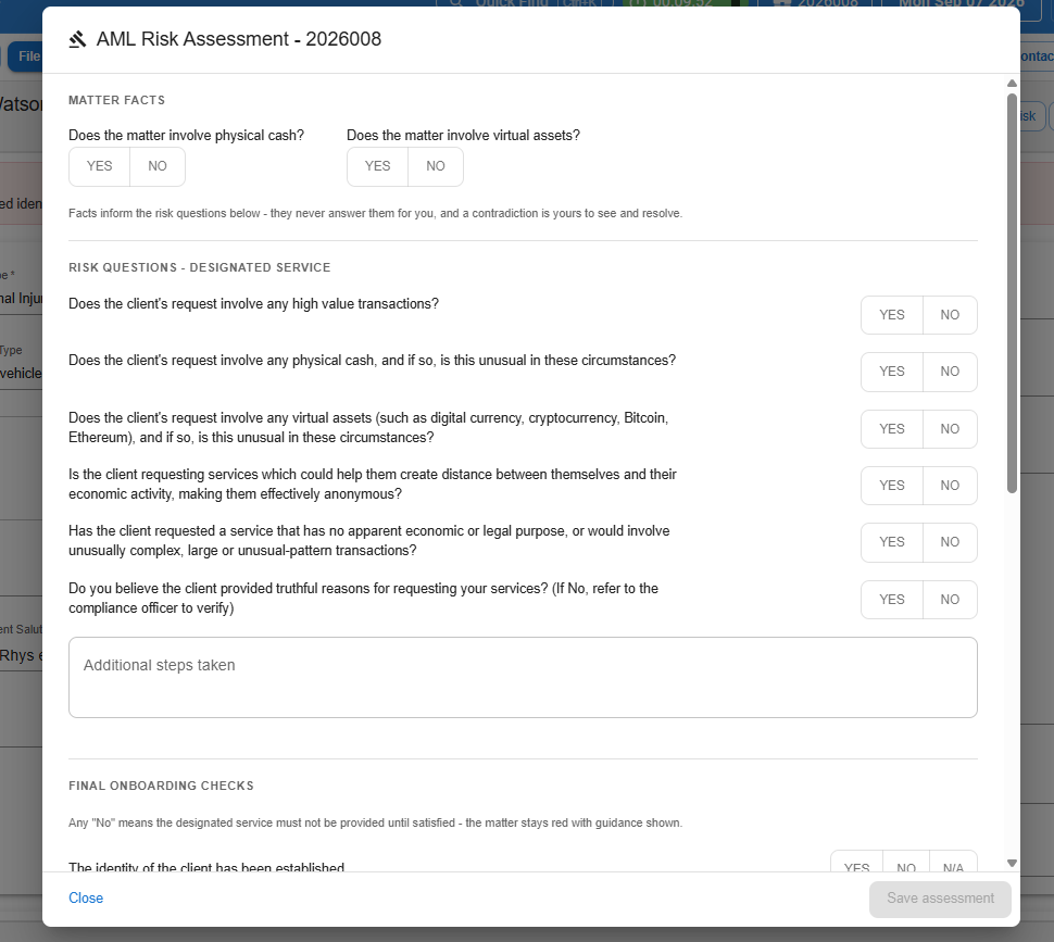 AML Risk Assessment dialog showing the Matter Facts fields and the designated-service risk questions