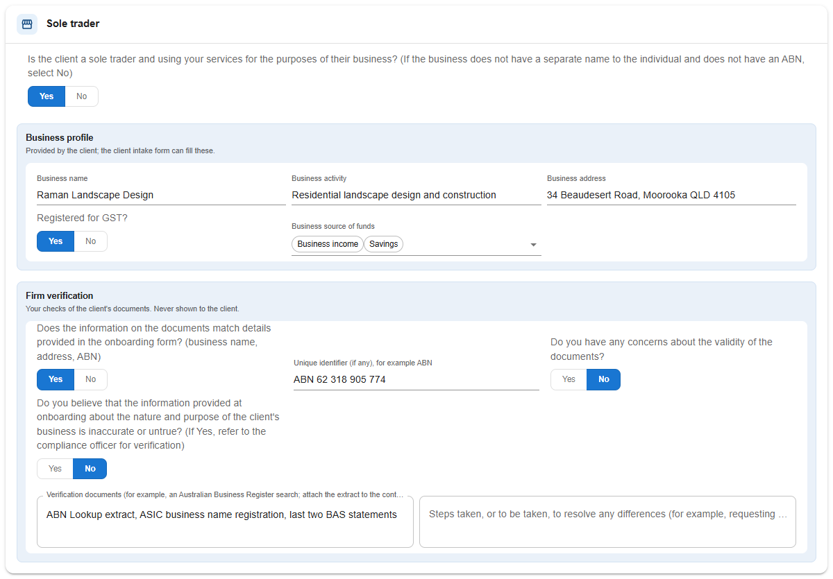 Sole trader card on an individual client showing the Business profile and Firm verification groups