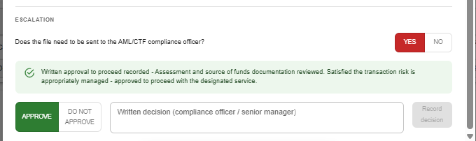 Escalation section showing a recorded written approval to proceed from the compliance officer