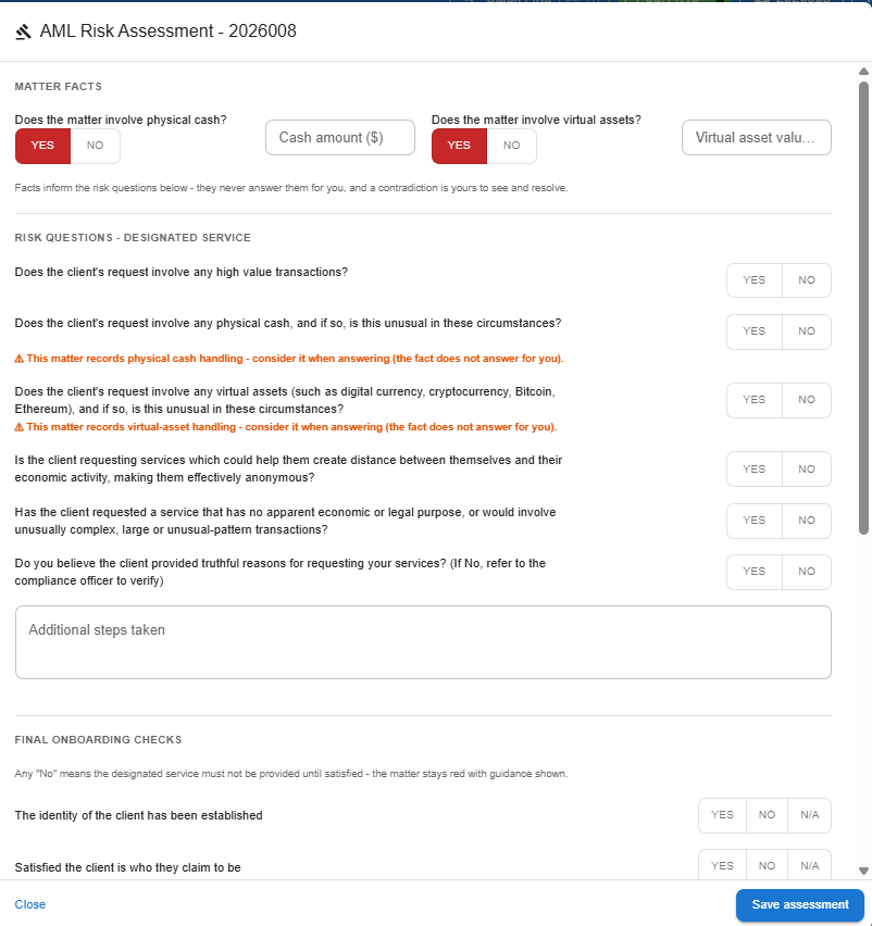 Orange prompts beside the physical cash and virtual asset risk questions noting that the matter records that fact but does not answer the question for you