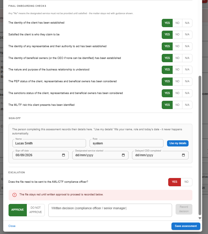 Final onboarding checks answered Yes, the sign-off panel with name, role and date, and the escalation section awaiting a written decision