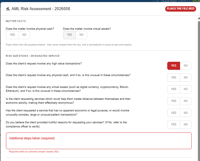 AML risk assessment header showing the red FLAGS THE FILE RED chip with the Additional steps taken box marked as required