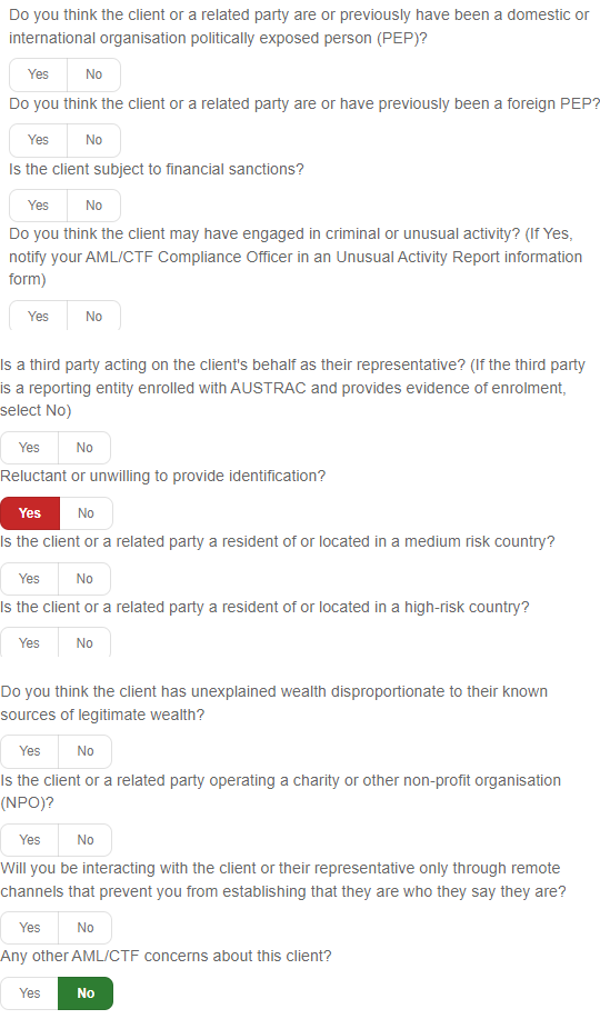 The twelve AUSTRAC individual KYC questions on a contact's Identity and AML tab, each answered with a Yes or No button