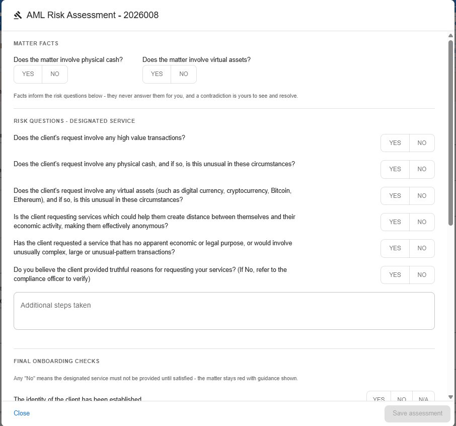 AML risk assessment pop-out on a matter showing the matter facts for physical cash and virtual assets above the designated service risk questions