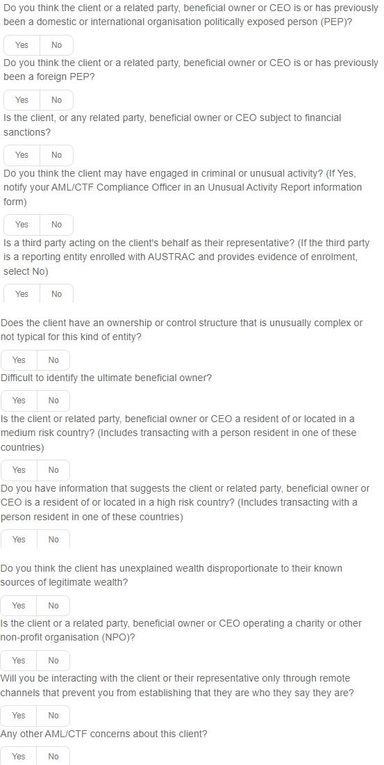 The thirteen organisation KYC questions, including the two PEP questions covering any related party, beneficial owner or CEO