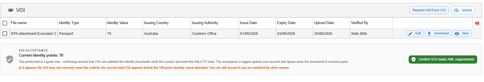 VOI Acceptance panel showing the identity points total and a below-100-points warning, before acceptance