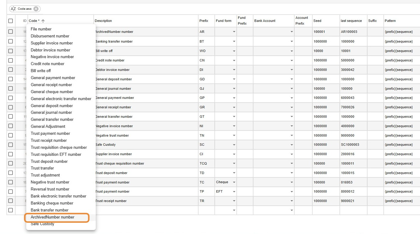 Code drop-down in Transaction Sequences with ArchivedNumber number highlighted