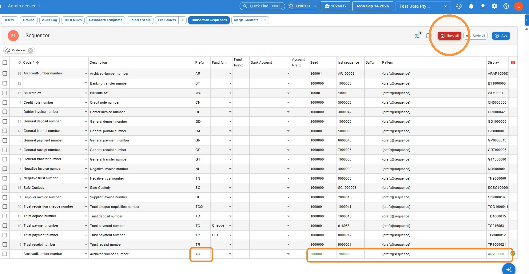 Transaction Sequences list showing a new ArchivedNumber row with prefix AR, with the Save all button circled