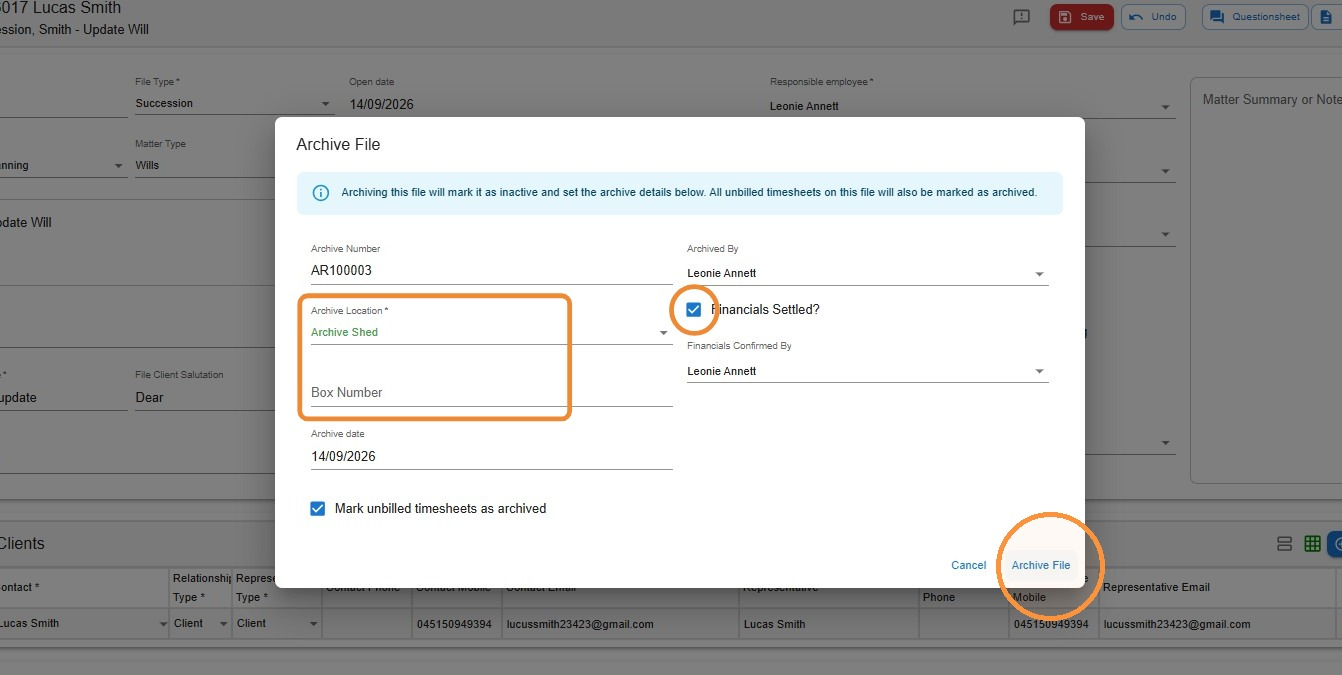 Archive File window with the Archive Location field, Financials Settled checkbox, and Archive File button circled