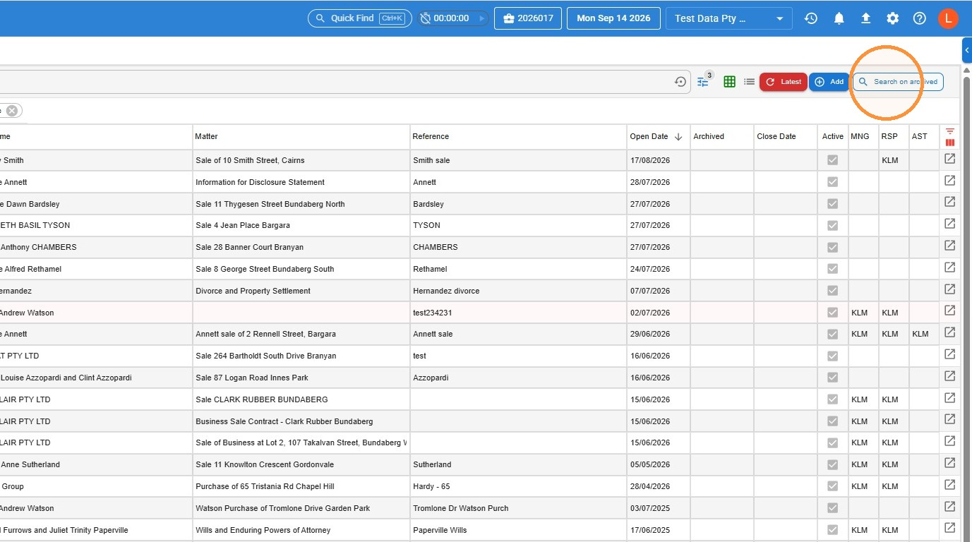 File list in Law App with the Search on archived button circled
