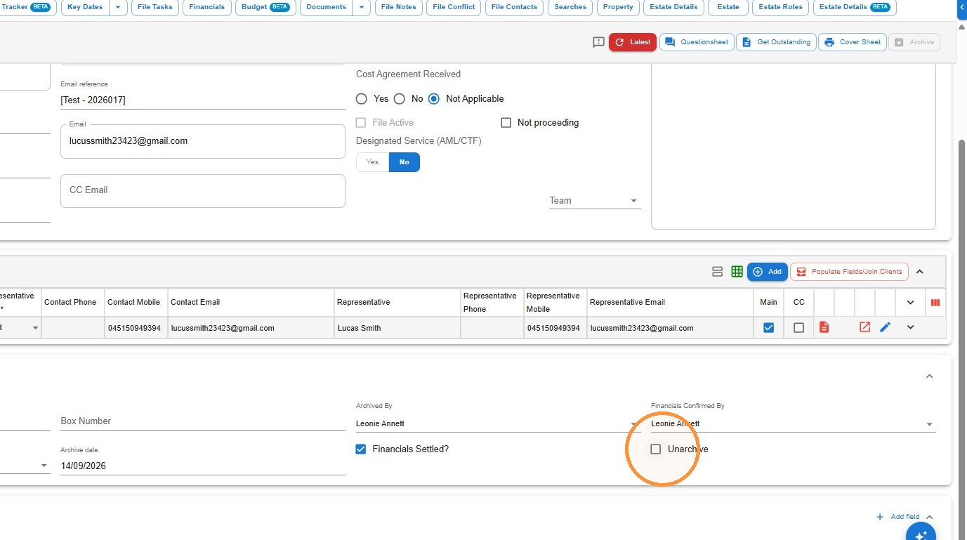 File details screen in Law App with the Unarchive checkbox circled