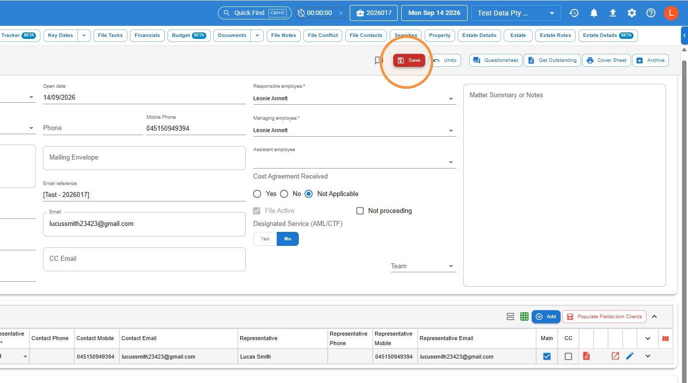 File details screen in Law App with the Save button circled
