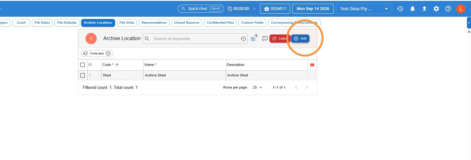 Archive Location settings screen in Law App with the Add button circled