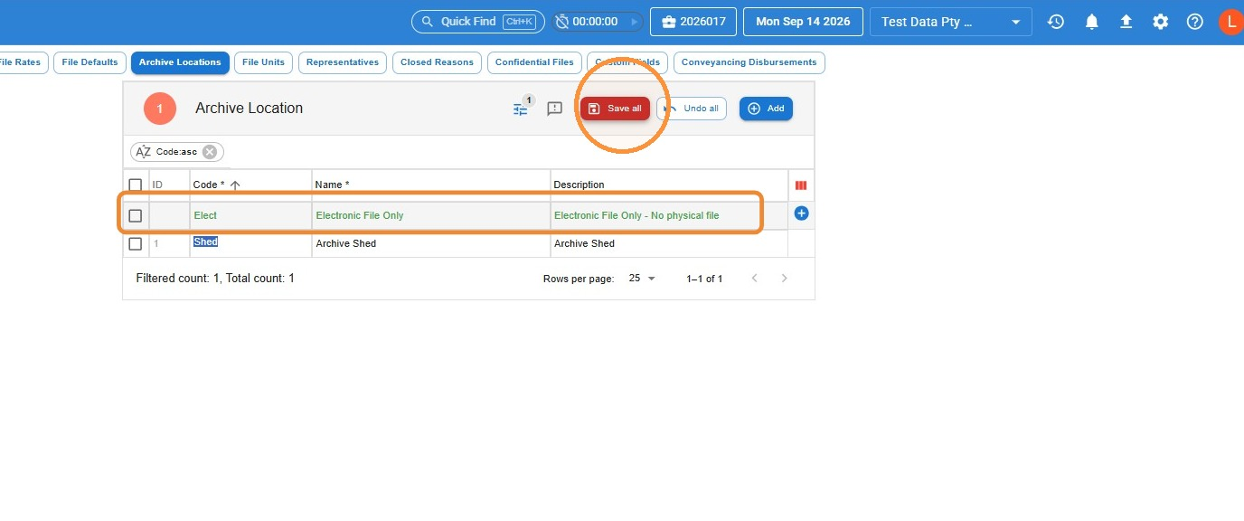 Archive Location list showing a new location added, with the Save all button circled
